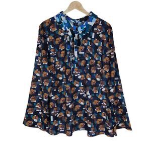 Eloquii Blouse 18 Blue Brown Geometric Print Tie Neck Long Sleeve Unlined Top